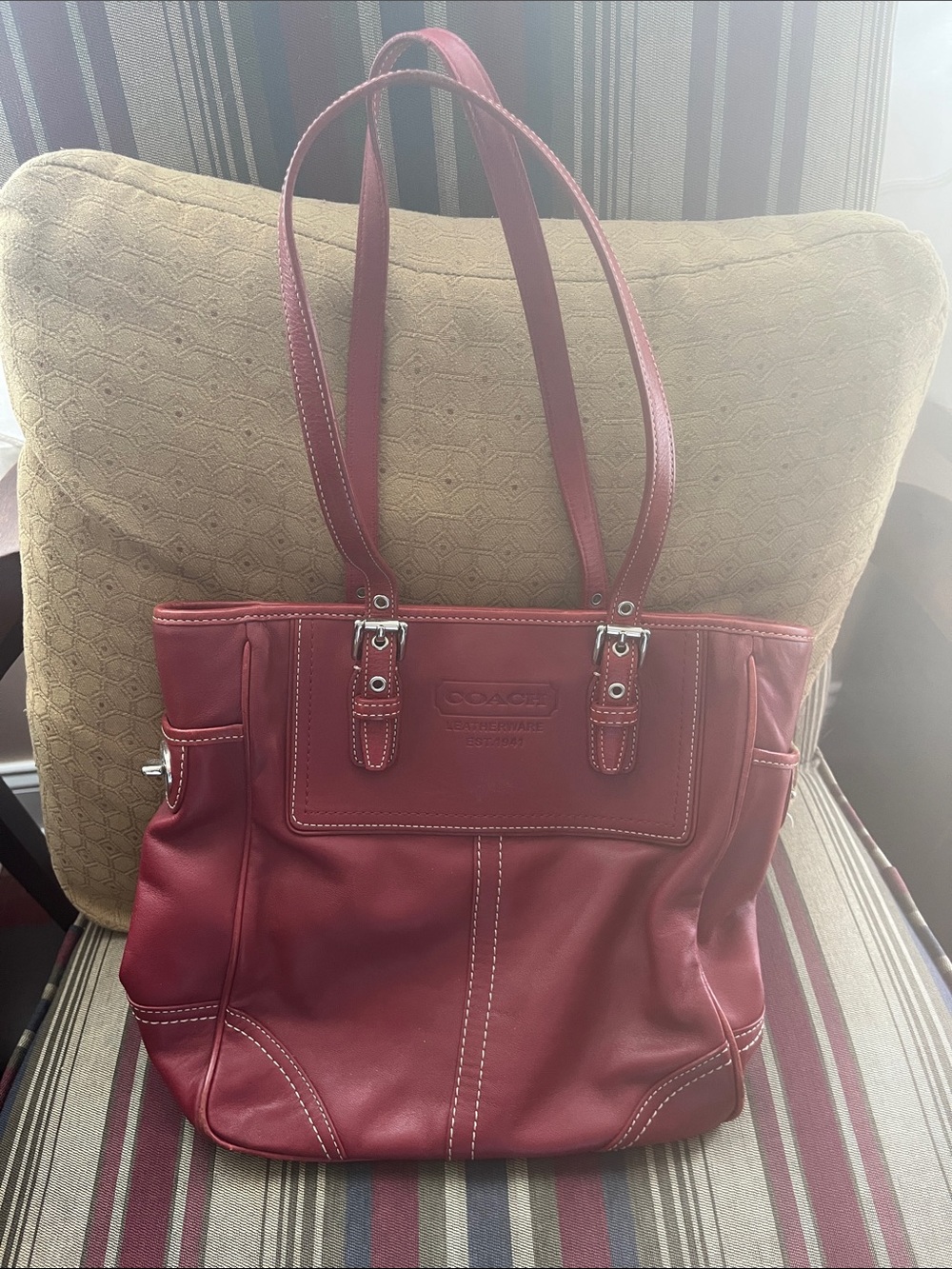 Coach Cherry Red Leather Tote with Silver Hardware